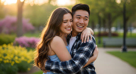 A happy, diverse couple, an Asian man and a Caucasian woman, are embracing in a park at sunset. The woman has her eyes closed and is smiling, while the man laughs, with warm, golden light and colorful flowers in the background.の素材