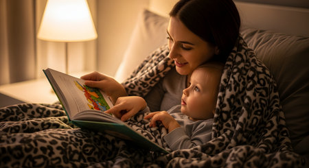 A smiling mother reads a picture book to her curious baby while tucked under a cozy, leopard-print blanket in bed. The room is dimly lit by a warm bedside lamp, creating an intimate bedtime story routine.の素材