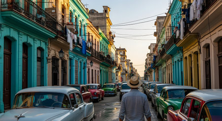 A man in a hat, seen from behind, walks down a narrow street in Havana, Cuba, lined with colorful, colonial buildings and classic vintage cars. Laundry hangs from the balconies, adding to the authentic street scene.の素材