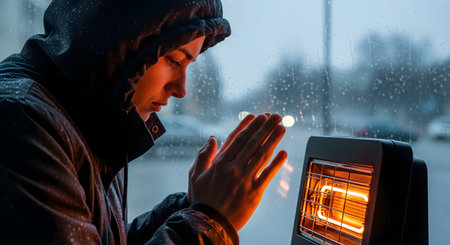 A person in a dark, hooded jacket warms their hands in front of a glowing orange electric heater. Outside the window, it is dark and rainy, with water droplets on the glass. The scene conveys cold weather, seeking warmth, and energy costs.の素材