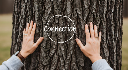 A conceptual image showing two hands gently touching the rough bark of a large tree trunk. The word "Connection" is written in a white circle between the hands, symbolizing a link with nature, environment, or grounding.の素材