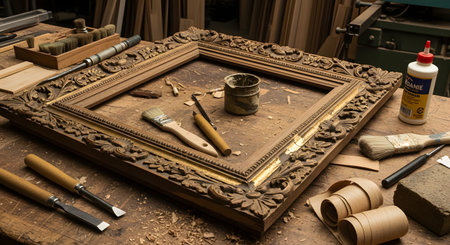 An antique, ornately carved wooden picture frame is being restored on a workbench. The workshop is cluttered with tools like chisels, brushes, wood glue, and gold leaf, showing the detailed process of craftsmanship and restoration.の素材