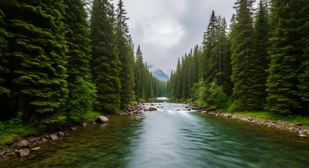 A pristine mountain river with clear turquoise water flows through a dense evergreen forest. Tall pine trees line the rocky banks under a cloudy, overcast sky, creating a peaceful and wild natural landscape.の素材