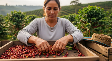 A female farmer's hands sort through freshly picked, ripe red coffee cherries in a large wooden crate. She is at a coffee plantation, with the green coffee plants on a hillside visible in the blurred background. A straw hat rests on a crate beside her.の素材