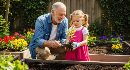 A smiling grandfather and his young granddaughter are gardening together in a raised bed. The little girl wears gloves and holds a small sapling with soil, while the man holds a trowel. The garden is filled with colorful flowers.の素材