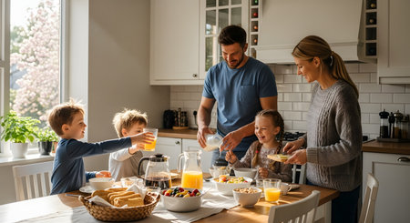 A happy family of five, with three young children, enjoys a cheerful breakfast together in their bright, modern kitchen. The father pours milk while the mother butters toast, and the kids laugh and eat cereal, fruit, and orange juice.の素材