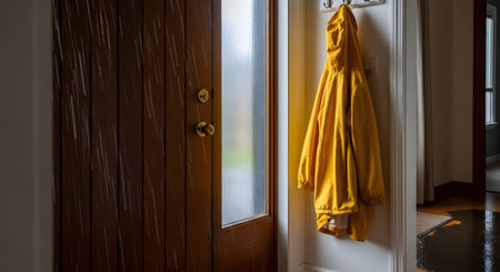 The interior entryway of a home shows signs of flooding or water damage. A yellow raincoat hangs on a hook, while a puddle of water forms on the floor near the wet front door, which is streaked with rain. This suggests a leak or flooding from a severe storm.の素材