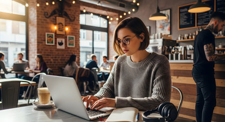 A young woman with glasses and a grey sweater works on her laptop in a busy, rustic-style coffee shop. She is focused, with a latte, notebook, and headphones on the table, while other patrons and a barista are in the background.の素材