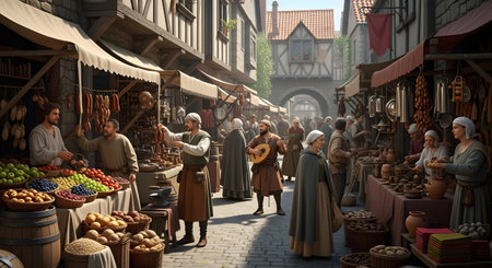 An illustration of a bustling medieval market street. People in historical period clothing shop at various stalls selling fruit, sausages, bread, and pottery. A minstrel plays a lute in the cobblestone street, surrounded by half-timbered buildings.の素材