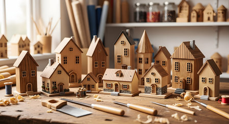 A collection of small, handcrafted wooden model houses sits on a workbench in a carpentry studio. Wood shavings and carving tools like chisels and a hand saw are scattered in the foreground. The image represents woodworking, craft, and model making.の素材