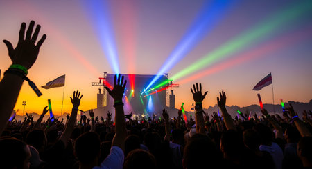 A large crowd at an outdoor music festival at sunset, with their hands raised towards the stage. Colorful stage lights (blue, red, green) beam into the twilight sky.の素材
