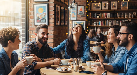 A group of five young, diverse friends are laughing and talking while sitting at a round table in a cozy coffee shop. They are drinking coffee and enjoying each other's company in a warm, rustic cafe.の素材