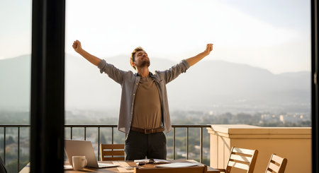 A man stands on a sunny balcony, stretching his arms wide in a gesture of freedom and success, overlooking a scenic valley or city. A laptop and coffee are on the table next to him. This image represents a digital nomad lifestyle, remote work, and work-life balance.の素材