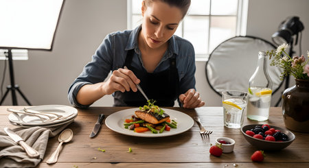 A female food stylist, wearing an apron, meticulously arranges a garnish on a plate of grilled salmon and vegetables. She is using tweezers for precision in a studio setting, with photography lights (softbox, reflector) visible in the background.の素材