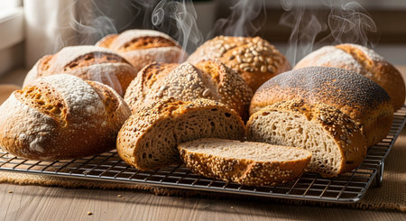 A variety of freshly baked artisan bread loaves, including one sliced open, steaming on a metal cooling rack. The crusty loaves are topped with seeds, oats, and flour.の素材