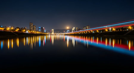 A stunning long-exposure shot of a city skyline at night, with a full moon in the sky. Colorful light trails from traffic streak across a bridge, and the illuminated buildings and lights reflect perfectly in the calm river below.の素材