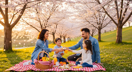 A happy family of four is having a picnic on a red and white checkered blanket in a park, under blooming cherry blossom trees at sunset. The parents and two children are smiling and sharing food.の素材