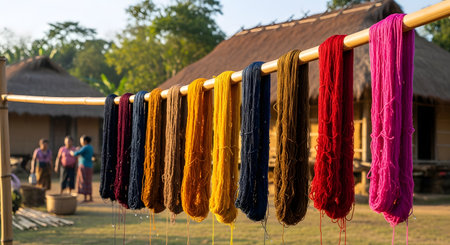 Skeins of colorful, naturally dyed yarn hang from a bamboo pole to dry outdoors in a rural village. In the background, thatched-roof huts and local people are blurred, suggesting traditional craft and textile making.の素材