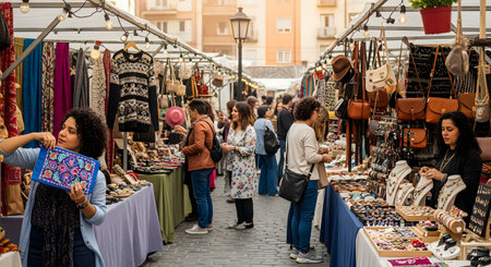 A bustling outdoor street market on a cobblestone path. People are browsing various stalls selling handmade crafts, jewelry, leather bags, and clothing. The stalls are covered with awnings and strung with lights.の素材