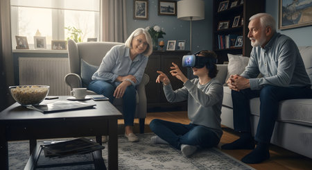 Smiling grandparents watch their grandson, who is sitting on the floor and using a VR headset. The boy is gesturing with his hands as he explores virtual reality in their cozy living room.の素材