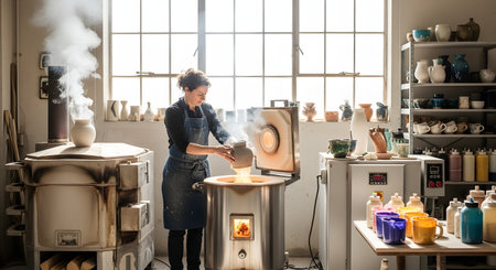 A female potter, wearing an apron, carefully removes a hot, glowing ceramic piece from an open kiln in her sunlit studio. Smoke rises from the kiln, and the workshop is filled with shelves of pottery, glazes, and equipment.の素材
