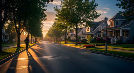 A silhouette of a man walking on the sidewalk of a quiet, tree-lined suburban street at sunrise. The rising sun casts long shadows and golden light on the road and houses.の素材