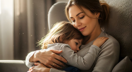 A tender, loving moment between a mother and her young daughter as they cuddle in a cozy armchair. The mother holds the child close with a gentle smile, and the child rests her head on her mom's chest.の素材