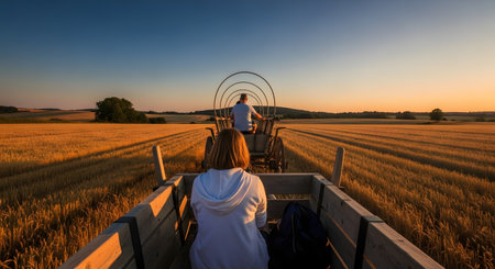 A man and woman ride in a pioneer-style covered wagon through a vast golden wheat field at sunset. The woman is in the foreground, looking back, while the man drives the wagon, evoking a sense of history, travel, and rural life.の素材