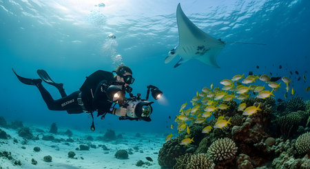 An underwater photographer in full scuba gear, holding a large camera with lights, photographs a school of yellow fish near a coral reef. A large manta ray swims gracefully above the diver in the clear blue water.の素材