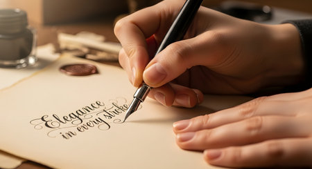 Close-up of a person's hand using a fountain pen to write the phrase 'Elegance in every stroke' in beautiful, flowing calligraphy. The writing is on aged parchment paper, with an inkwell in the background.の素材