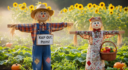 Two friendly, smiling scarecrows stand in a vegetable garden, with a field of sunflowers in the background. The male scarecrow holds a 'Keep Out, Pests!' sign, and the female scarecrow holds a basket of peppers. Pumpkins are visible on the ground.の素材