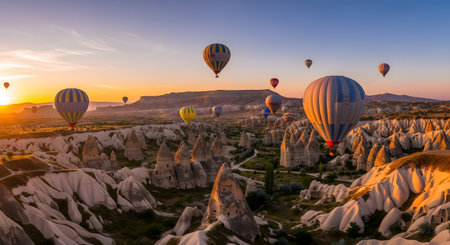 A spectacular sunrise in Cappadocia, Turkey, with dozens of hot air balloons flying over the unique rock formations (fairy chimneys). The golden light illuminates the landscape, creating a magical and adventurous travel scene.の素材