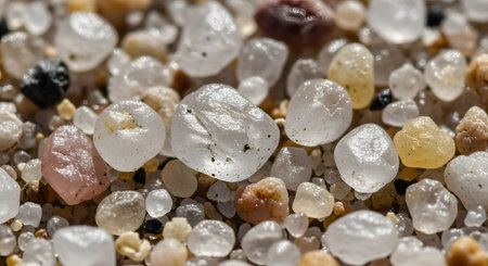 An extreme close-up, macro photograph of individual sand grains. The grains are rounded and semi-transparent, showing different colors like white, pink, and yellow quartz, with clear, sharp details.の素材
