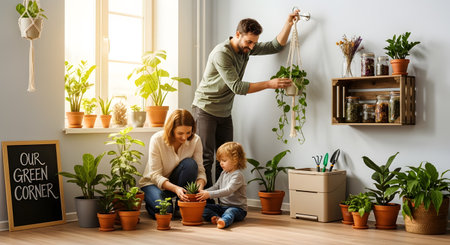 A happy young family, including a mother, father, and small child, are gardening together in a sunny corner of their home. They are surrounded by numerous potted plants, and a chalkboard sign reads 'Our Green Corner'. This image represents family bonding, hobbies, and indoor gardening.の素材