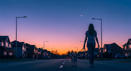 Silhouette of a woman walking her small dog on a leash down the middle of an empty suburban street at dusk. The sky is a beautiful gradient of purple and orange, and streetlights are on, lining the road.の素材