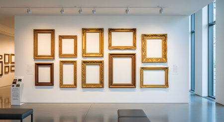A collection of empty, ornate gold and wooden frames of various sizes and styles hangs on a clean white wall in an art gallery or museum. Benches are visible on the floor, and the room is brightly lit by spotlights and a large window. The emptiness is a concept for mockups or displays.の素材