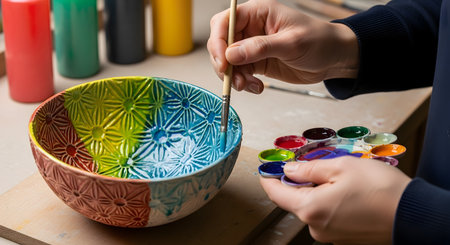 A close-up of a person's hands painting the inside of a textured, colorful ceramic bowl with a fine brush. The artist holds a palette of glazes, with paint bottles in the background, showing a pottery or craft hobby.の素材
