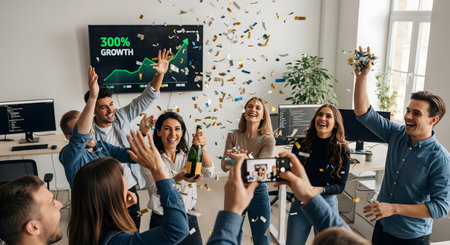 A diverse team of excited office workers celebrates a major success under a shower of confetti. One woman holds a champagne bottle, and a colleague takes a photo with a smartphone. In the background, a screen displays a rising graph with '300% GROWTH,' signifying a business victory.の素材