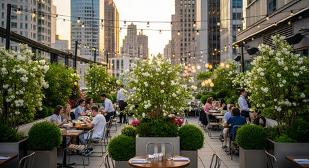 A chic rooftop bar in a city at dusk, with patrons dining at tables among green bushes and white flowering trees. String lights hang overhead, and the background features an illuminated city skyline.の素材