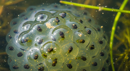 A close-up macro image of a gelatinous mass of frog spawn in a pond. Small black tadpoles are visible, developing inside their individual transparent eggs, representing new life and nature's cycle.の素材