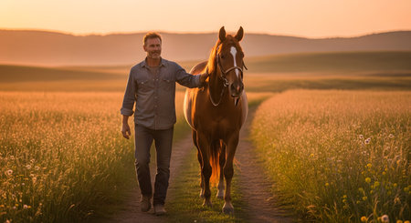 A man in a denim shirt smiles as he walks a beautiful brown horse along a dirt path through a golden field at sunset. The warm light creates a peaceful, rustic atmosphere.の素材