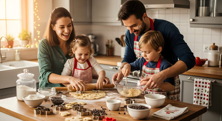 A happy family of four (mother, father, son, daughter) bakes cookies together in a cozy, festive kitchen. The mother and daughter roll out dough, while the father and son mix ingredients in a bowl.の素材