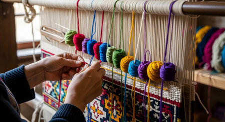 Close-up of an artisan's hands weaving a colorful, geometric pattern on a traditional wooden loom. Small bundles of brightly colored yarn (red, blue, green, purple) hang ready for use.の素材