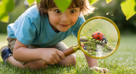 A curious young boy with wide, excited eyes lies in the green grass, examining a ladybug through a magnifying glass. The close-up shot focuses on the magnified ladybug, highlighting childhood curiosity and a love for nature.の素材