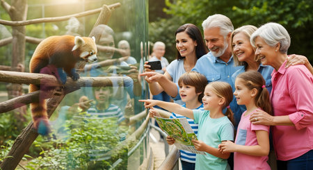 A happy multi-generational family, including children, parents, and grandparents, is at the zoo. They are all smiling and pointing at a red panda in its enclosure, enjoying a family day out together.の素材