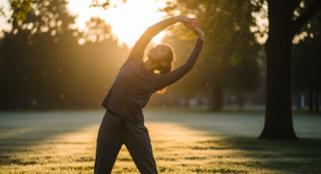 A woman in athletic wear stretches her arms overhead in a park during a golden sunrise. The sun's rays beam through the trees, illuminating the morning dew on the grass.の素材