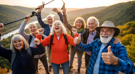 A group of happy, active seniors cheers and celebrates on a mountaintop, raising their trekking poles in the air. They are all smiling and laughing, enjoying the scenic view of a river and valley at sunset. This image conveys active retirement, friendship, and achievement.の素材