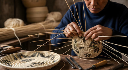 A close-up shot of a person's hands meticulously weaving a traditional, intricate basket. The artisan, wearing a blue sweater, is working with natural fibers at a wooden table. A finished basket and tools are visible nearby in the rustic workshop.の素材