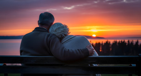 A rear view of a senior couple sitting on a wooden bench, watching a vibrant orange and purple sunset over a body of water. The man has his arm around the woman, and she rests her head on his shoulder. The scene is romantic, peaceful, and represents love and retirement.の素材