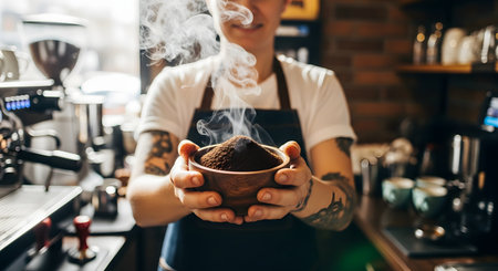 Close-up of a tattooed barista in an apron holding a wooden bowl filled with a mound of fresh, aromatic, and steaming coffee grounds. The blurred background shows a coffee shop interior with an espresso machine.の素材